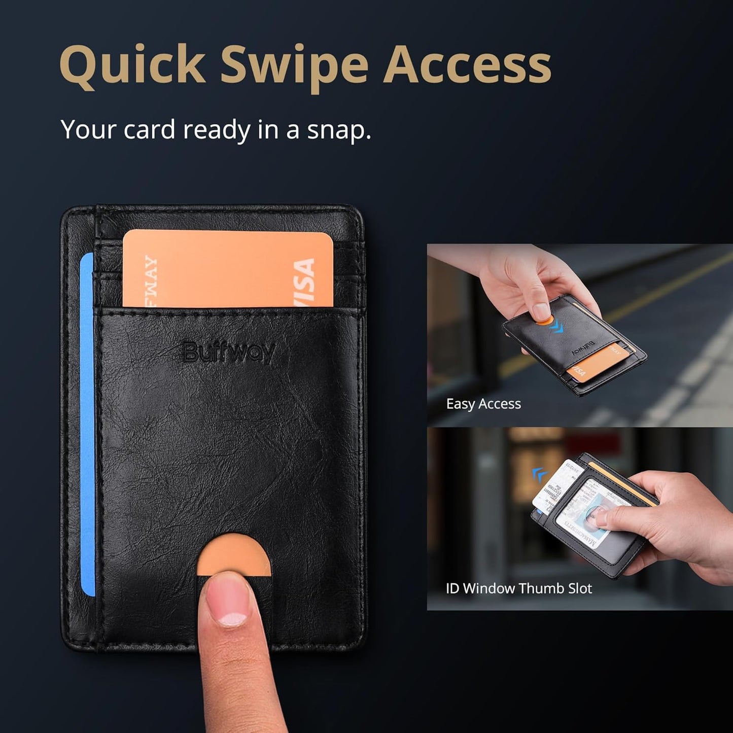 Buffway Slim Minimalist Front Pocket RFID Blocking Leather Wallets for Men and Women - Carbon Fiber Black - Colors A