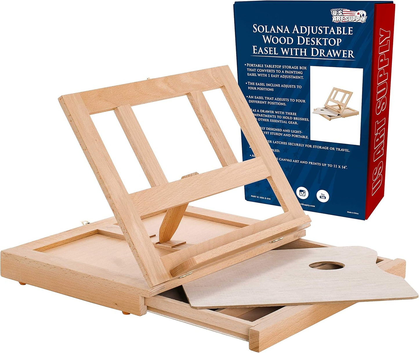 U.S. Art Supply Solana Adjustable Wood Art Easel: Portable Beechwood Tabletop Easel with Storage Drawer & Palette for Painting & Drawing, Artist Desktop