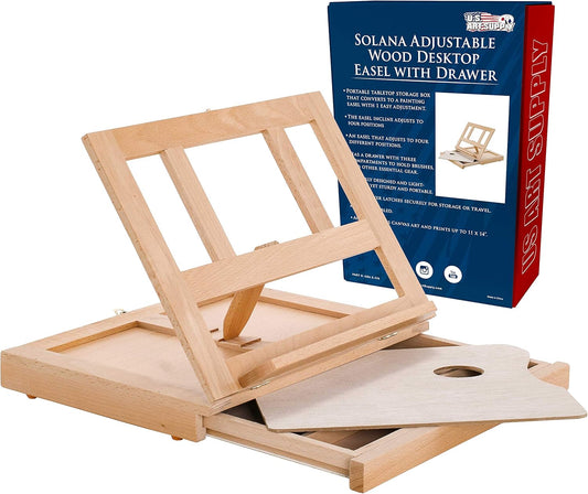 U.S. Art Supply Solana Adjustable Wood Art Easel: Portable Beechwood Tabletop Easel with Storage Drawer & Palette for Painting & Drawing, Artist Desktop