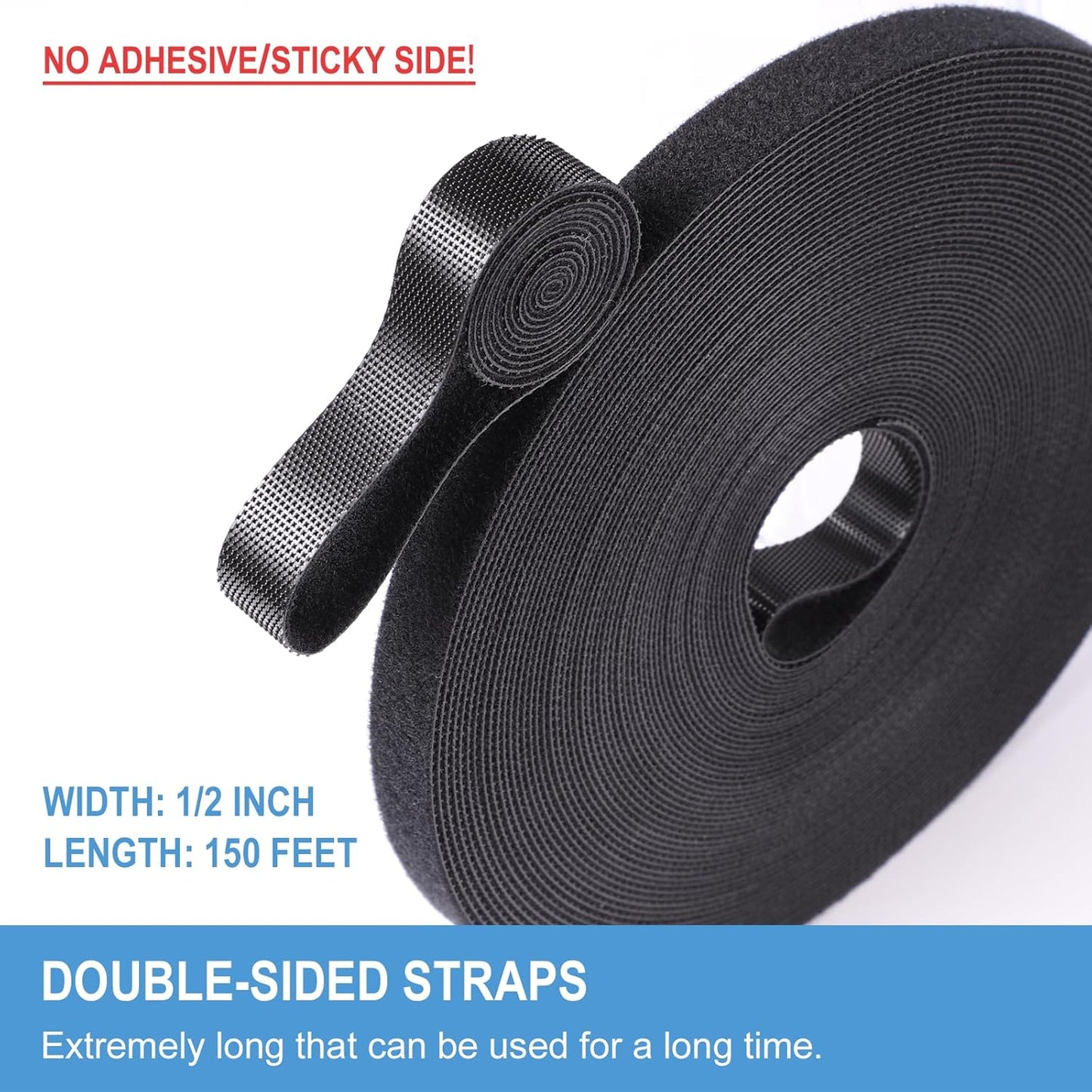 1/2in x 100ft Hook and Loop Roll | Double-Sided Strips, Self-Gripping Straps | Reusable Multi-Purpose Wrap Fasteners for Home, Office, Data Center, and More