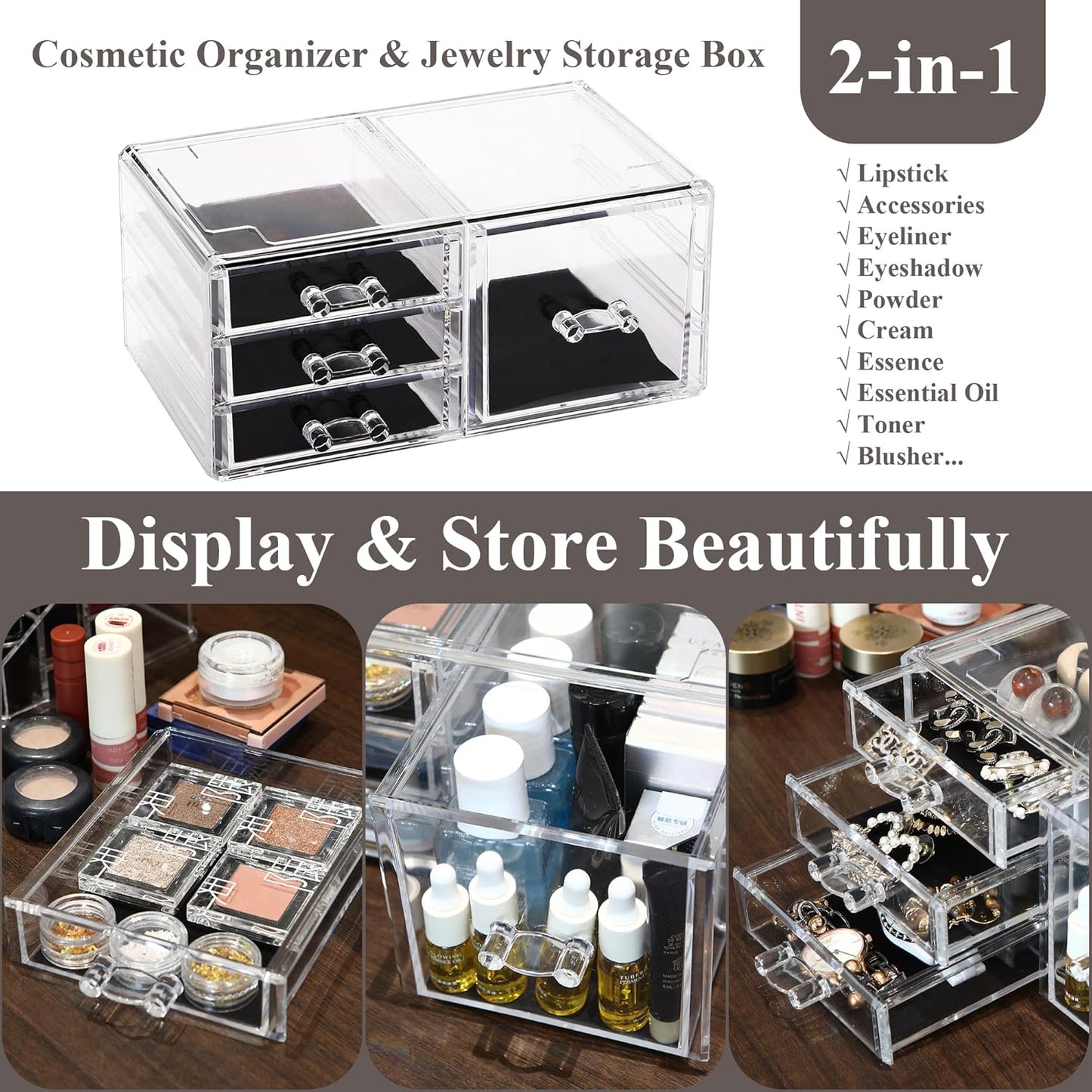 Sea Team Clear Makeup Organizer with Drawers, Acrylic Plastic Cosmetic Display Case, Jewelry Storage Box, Holder for Dresser, Bathroom, Vanity, Countertop (3 Middle Drawers)