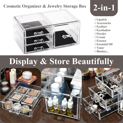 Sea Team Clear Makeup Organizer with Drawers, Acrylic Plastic Cosmetic Display Case, Jewelry Storage Box, Holder for Dresser, Bathroom, Vanity, Countertop (3 Middle Drawers)
