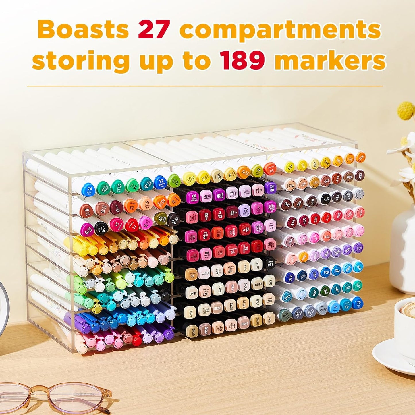 MotiMind Acrylic Marker Organizer for 189 Marker, Large Art Pencil Holder Storage Rack for Desk, Pens Art Brushes Display Stand with 27 Compartments for Desktop, Office (clear, 189 Capacity)