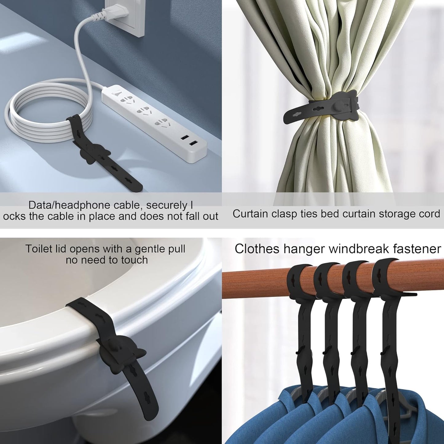 12Pcs Reusable Cable Ties, 10x0.6inch Elastic Silicone Cord Organizer Straps for Bundling and Organizing Cable Wires, Extendable Cable Management in Home, Kitchen, Closet, Office(Black)