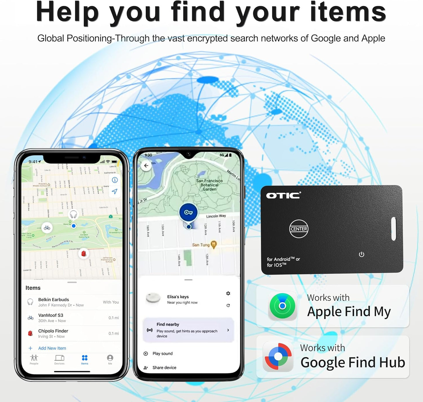 OTIC Dual System Bluetooth Wallet Tracker, 0.07in Slim Smart Tracker for Apple Find My (iOS) & Google Find Hub (Android), Rechargeable Finder with Sound Alert/Waterproof for Wallet/Luggage/Key/Bag