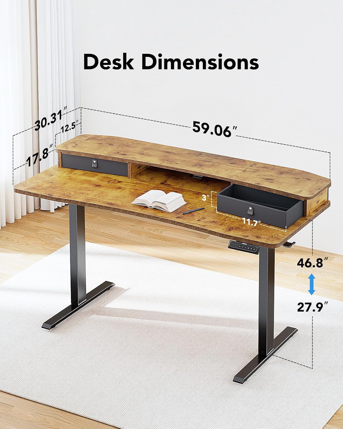 HUANUO 48″ x 24″ Electric Standing Desk with 2 Drawers, C-Clamp Mount Compatible, Height Adjustable Computer Desk, Home Office Stand Up Desk with 4 Preset Heights & 2 Hooks, Black