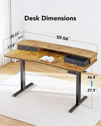 HUANUO 48″ x 24″ Electric Standing Desk with 2 Drawers, C-Clamp Mount Compatible, Height Adjustable Computer Desk, Home Office Stand Up Desk with 4 Preset Heights & 2 Hooks, Black