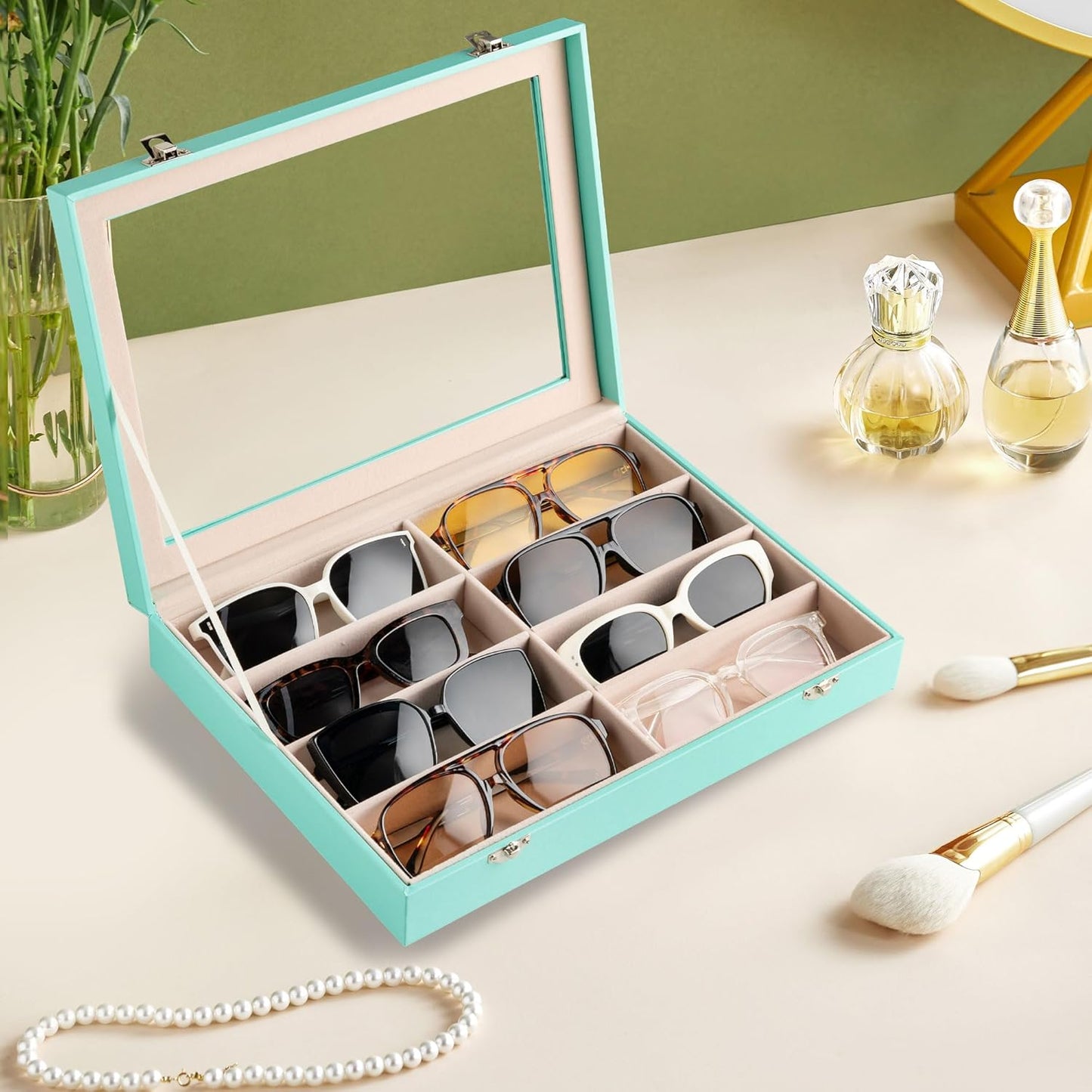 Frebeauty Sunglass Organizer,PU Leather Glasses Organizer,8-Slot Sunglasses Tray,Men's/Women's Sunglasses Box,Sunglass Case,13.3 x 9.6 x 1.5 Inches,Eyeglass/Eyewear Display Tray(Grey)