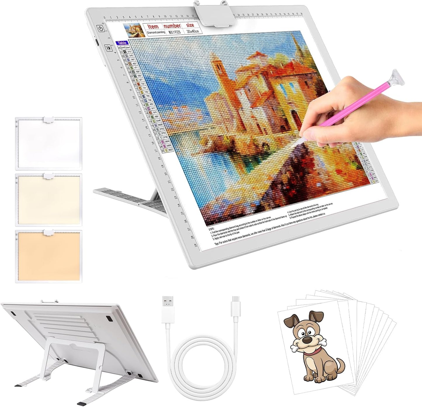 YINGWOND Rechargeable A4 LED Light Pad with Padded Case, Tracing Light Box w/Riser Stands and Paper Clip, 6 Levels of Brightness, Type-c Cable, Wireless Diamond Painting Light Board