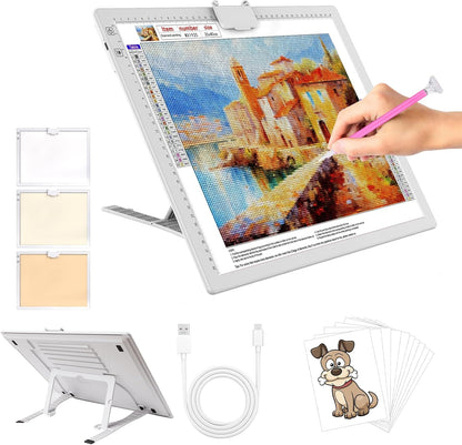 YINGWOND Rechargeable A4 LED Light Pad with Padded Case, Tracing Light Box w/Riser Stands and Paper Clip, 6 Levels of Brightness, Type-c Cable, Wireless Diamond Painting Light Board