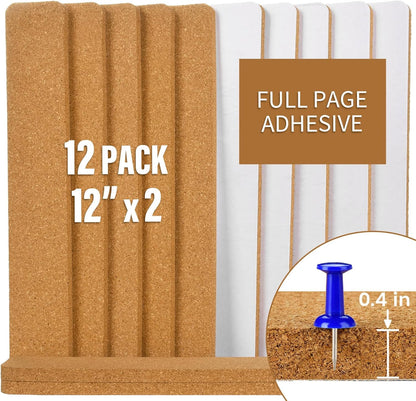 6 Pack Corkboard Strips for Walls, Self Adhesive Thick Cork Board Strips, Peel and Stick Cork Board with 50 Push Pins for Paste Notes, Photos, Schedules