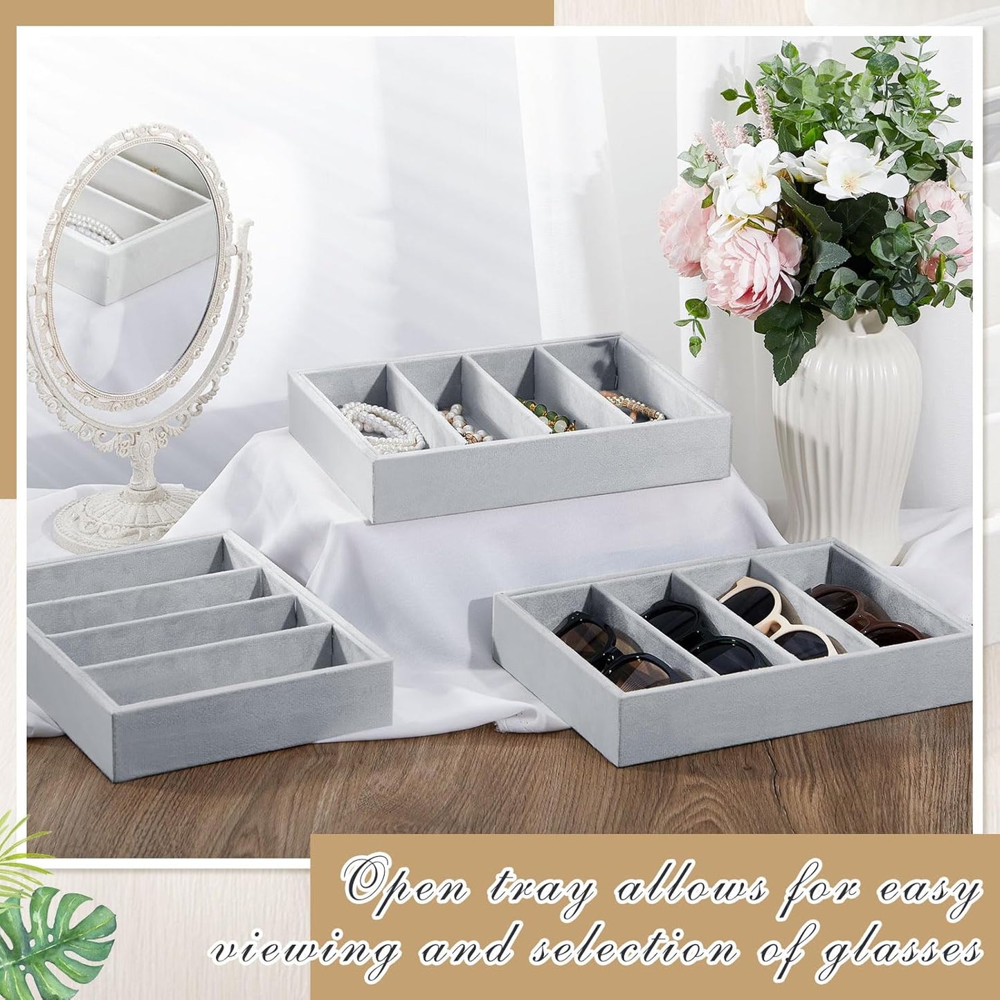 Amylove 4 Pcs Gray Sunglass Organizer Trays 4 Grids Velvet Glasses Holder Jewelry Display Organizer Eyeglasses Storage Box Drawer