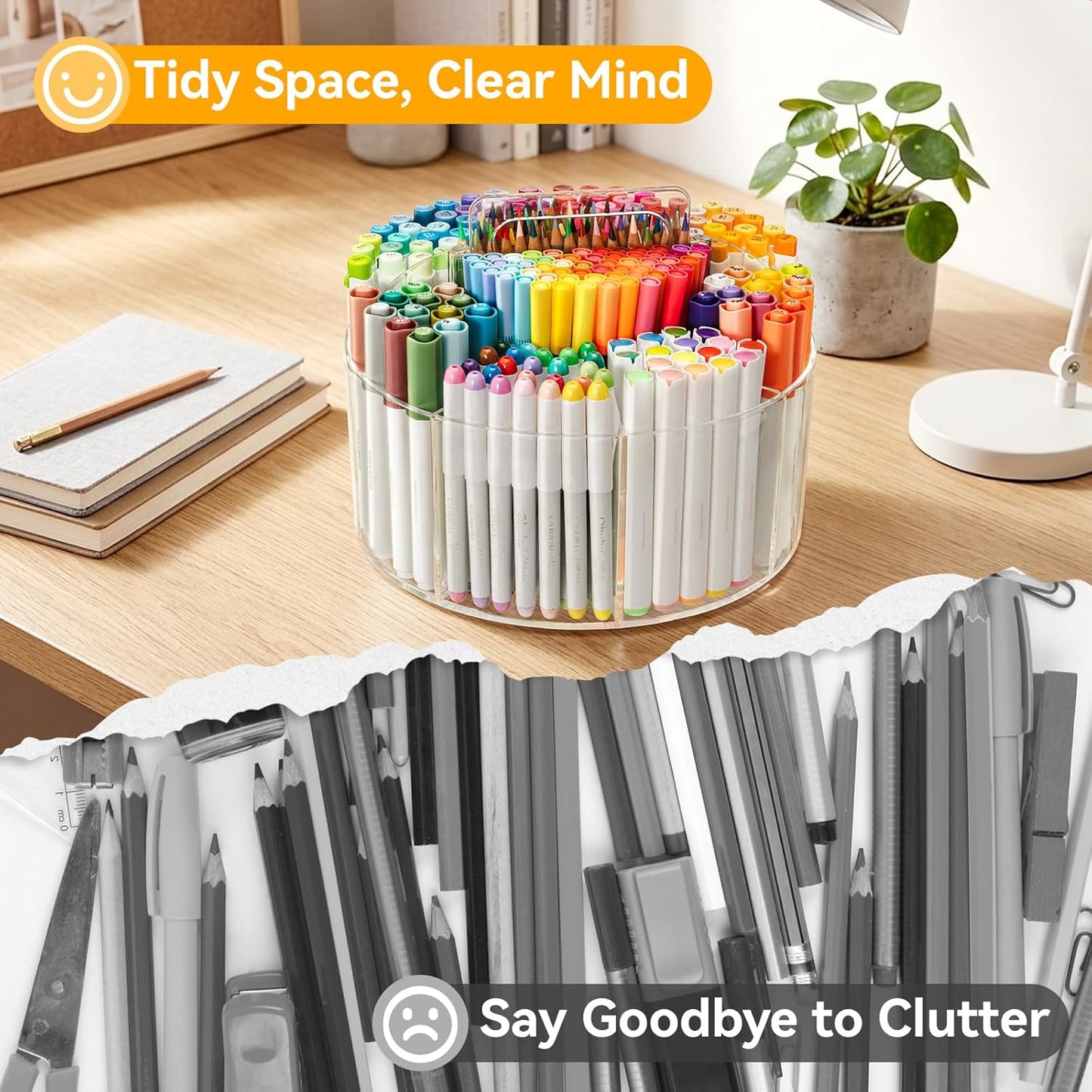 Ohuhu Acrylic Marker Organizer for Alcohol Markers, 360° Rotating Clear Acrylic Holder with Hidden Handle, 10 Compartments for Markers, Pens & Pencils, Home Classroom Office Desk Organizer