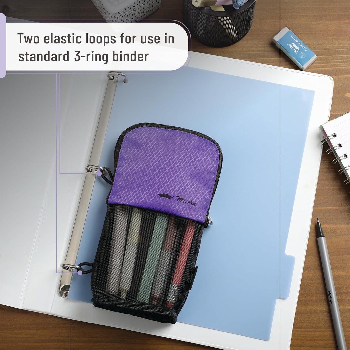 Mr. Pen- Standing Pencil Case Pouch, Sit & Lay Mesh-View Design, Black & Gray, Interior Pocket & 2 Elastic Binder Loops, Cute Pencil Case for Girls and Boys