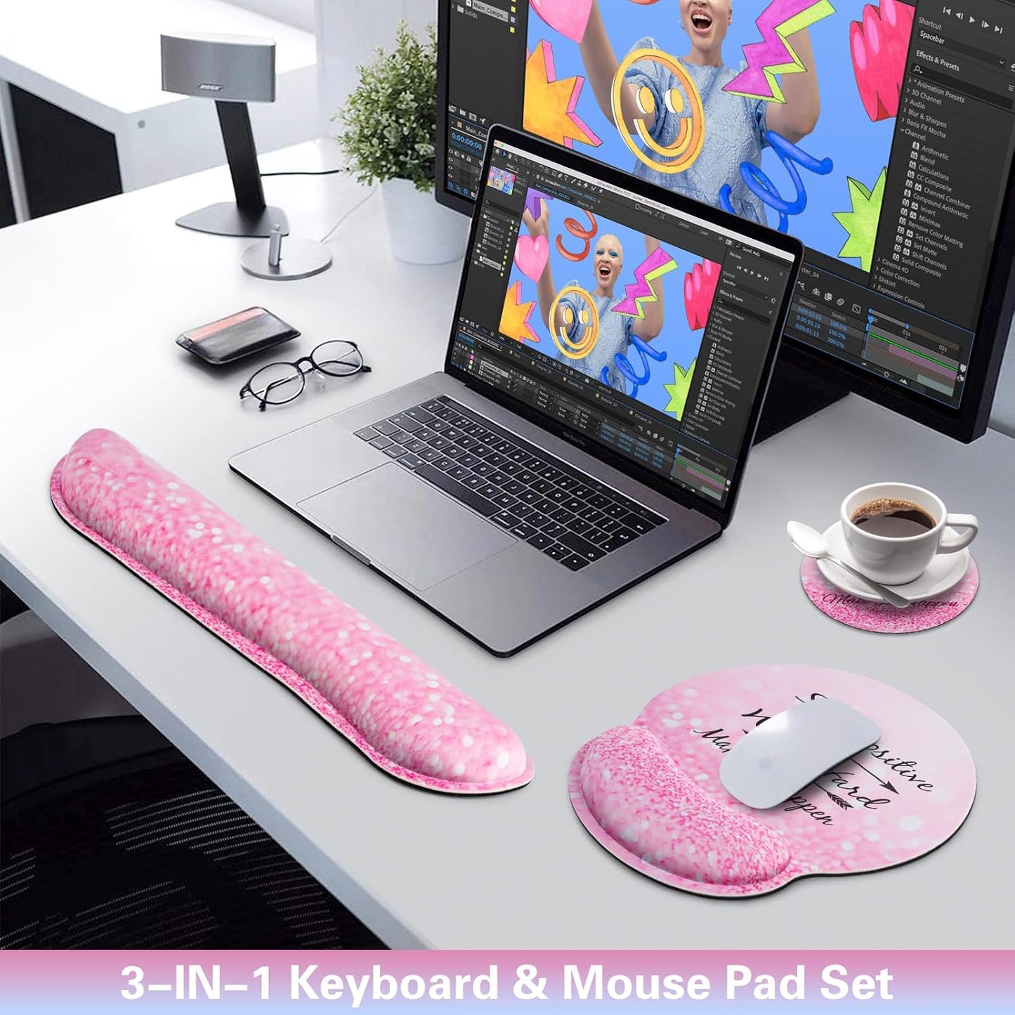 Ergonomic Keyboard Wrist Rest, Mouse Pad with Wrist Rest Anime, Cat Gaming Mousepad with Wrist Support, Memory Foam Wrist Rest Set for Computer Keyboard, Funny Cute Office Desk Accessories