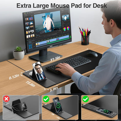 Wireless Charging Mouse Pad with Foldable Phone Holder, 31.5"x15.8" Large Desk Mat for Laptop/Keyboard, Waterproof Ultra-Smooth Surface, Non-Slip Base, Black