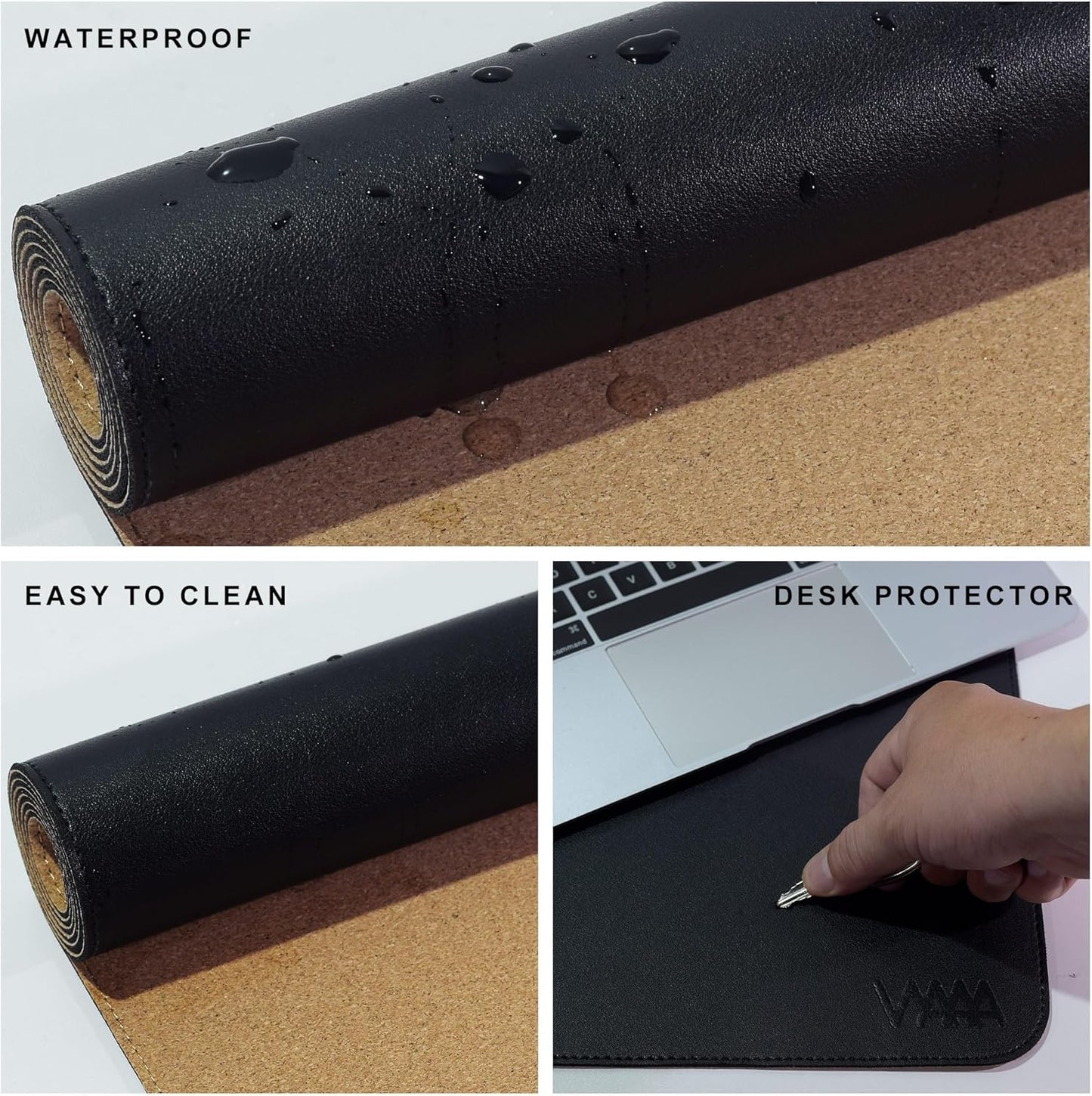 Vyaaa PU Leather & Cork Desk Mat, 39.4"x15.7" Dual Sided Computer Desk mat, Waterproof Large Mouse Pad, Non-Slip Office Desk pad, Office Desk Protector for Work/Gaming/Home (Black)