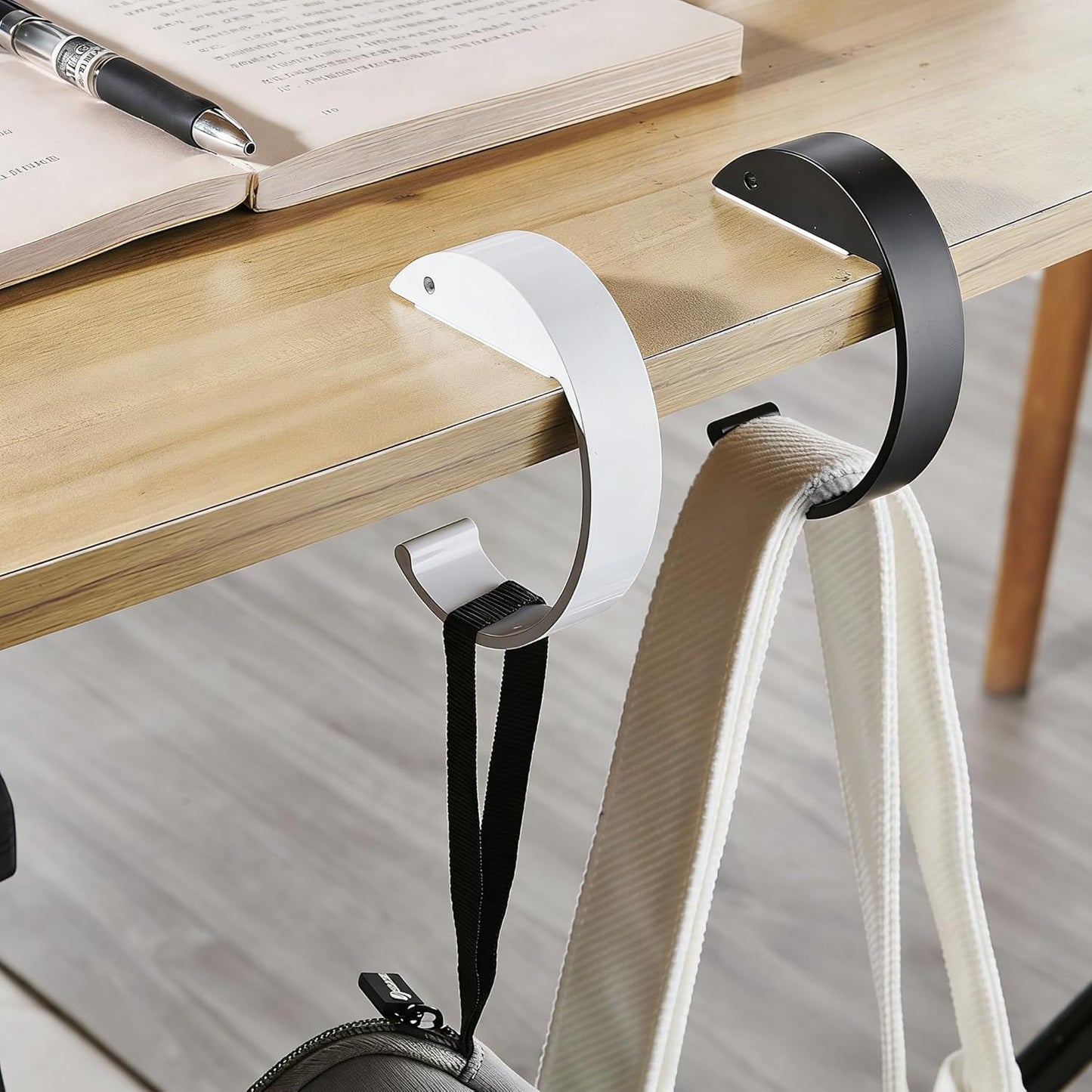 2-Pack Sleek Aluminum Alloy Bag Hook for Table Edge, Clipa Bag Hanger - Secure Purse Table Hook for Desk, Kitchen, Dorm (Black & White