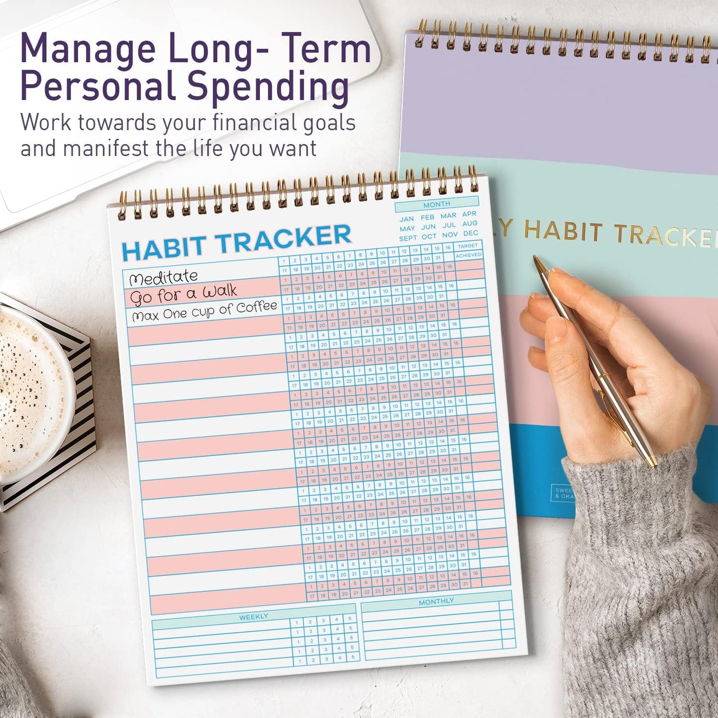 S&O Striped Habit Tracker Calendar - 24 Month Daily task Journal - Undated Routine Planner with Personalized Goal Chart for Health, Fitness & Finance - Weekly Chore Chart for Adults