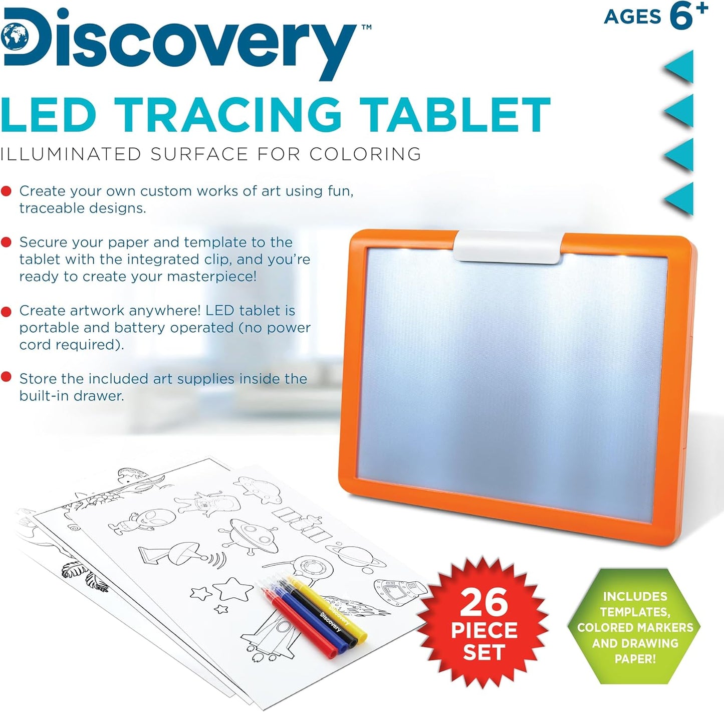 Discovery LED Tracing Tablet, 26-Piece Set with Washable Markers, Tracing & Template Sheets, Battery Powered Doodle Activity Lightboard, Kids Drawing & Sketching Portable Travel Art Set, Toy Gift