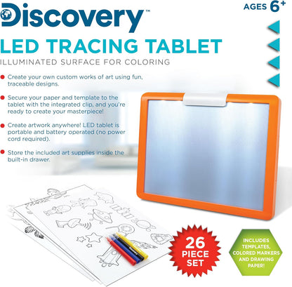 Discovery LED Tracing Tablet, 26-Piece Set with Washable Markers, Tracing & Template Sheets, Battery Powered Doodle Activity Lightboard, Kids Drawing & Sketching Portable Travel Art Set, Toy Gift