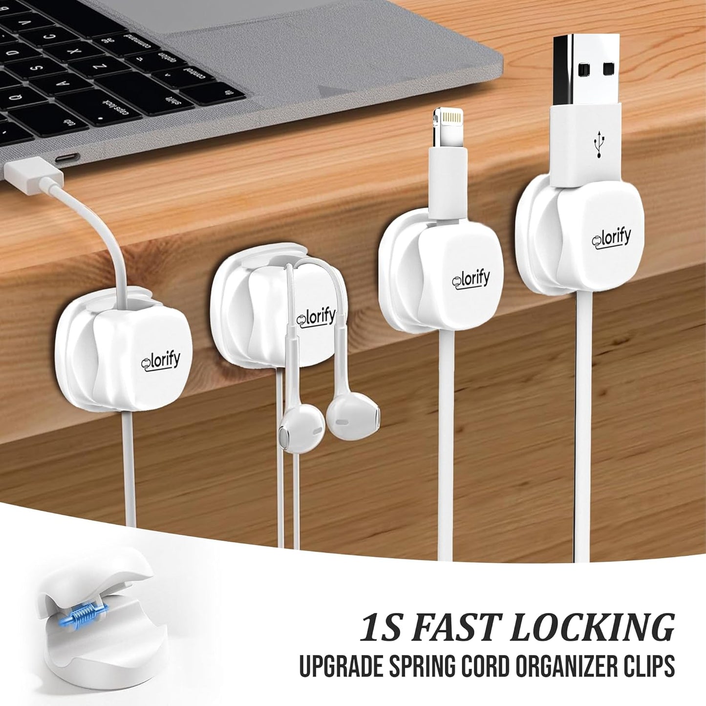 8 Pack Spring Cord Holder Clips [360° Rotatable, 1-Hand Use] — Adhesive Cable Clips for Nightstand, Desk, Wall & Kitchen | Phone Charger Cord Holder | No-Residue | Fits 2.5–8mm Cables