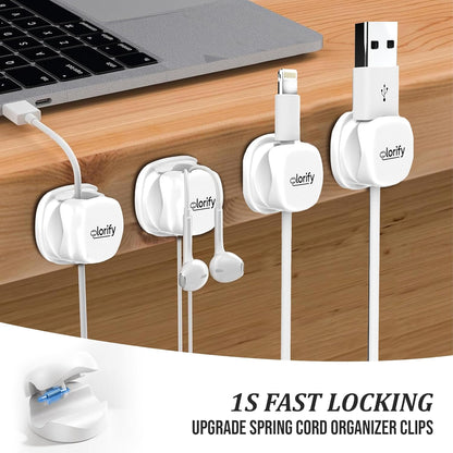 8 Pack Spring Cord Holder Clips [360° Rotatable, 1-Hand Use] — Adhesive Cable Clips for Nightstand, Desk, Wall & Kitchen | Phone Charger Cord Holder | No-Residue | Fits 2.5–8mm Cables