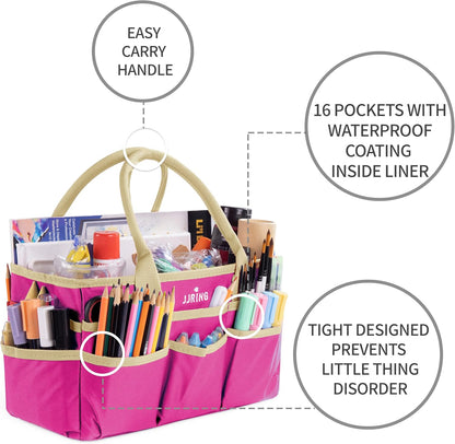 Jjring Craft and Art Organizer Tote Bag - 600D Silver Nylon Fabric Art Caddy with Pockets - for Art, Craft, Sewing, Medical, and Office Supplies Storage