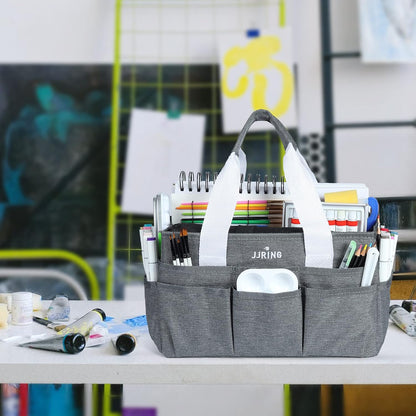 JJRING Craft Organizer Tote Bag for Art Storage, Caddy with Multiple Pockets, Bluish Green Sewing Bag for Scrapbooking, School, Medical, and Office Supplies