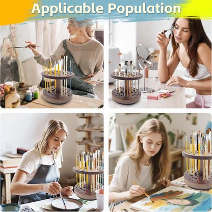 360 Degree Friction-Free Rotating Paint Brush Holder, 52 Multi-Size Hole Natural Hardwood Storage Stand, Space-Saving Desktop Organizer for Artist, Watercolor, Makeup Brushes and Craft Tools (brown)