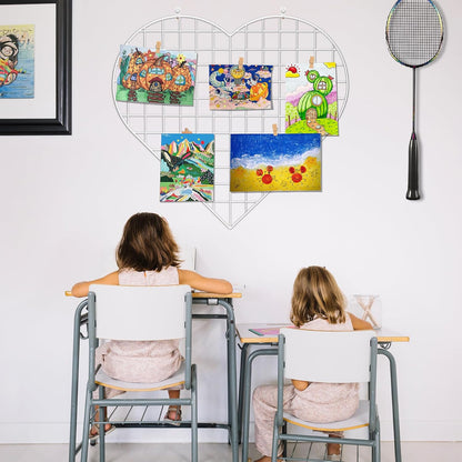ECLENYES Grid Photo Wall Panels - 22.4"x20.4" Heart Shape Iron Rack Art Wire Board, Wall Grid Organizer, DIY Photo Frame for Home, Office, Kitchen, Bedroom, Christmas Gifts - Pink
