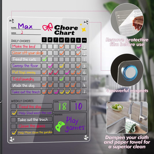 2pcs Black Acrylic Magnetic Chore Chart, Chore Board, Dry Erase Chore Chart, 12"x8" Transparent Erasable Reward Chart for Teens and Adults Chore Checklist with 8 Markers and Towel