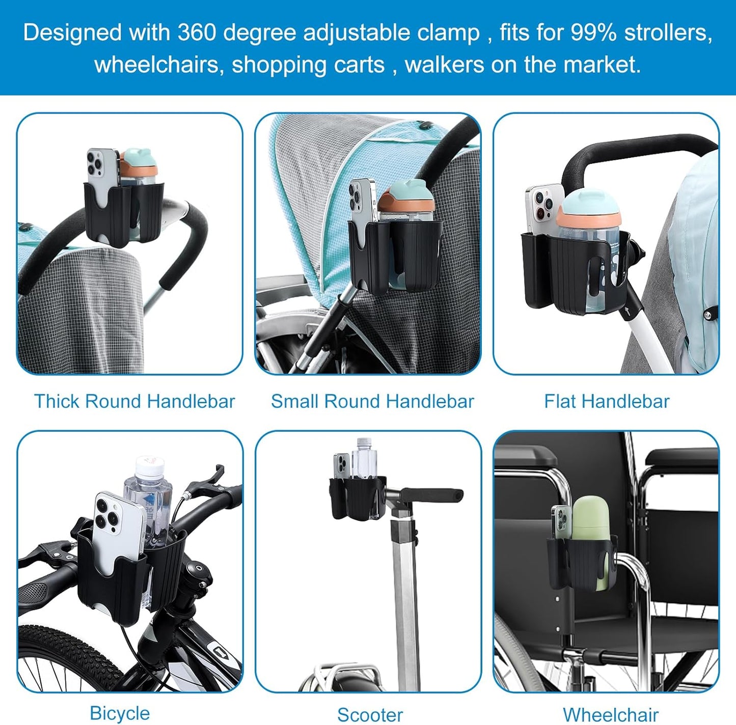 Accmor Stroller Cup Holder, Universal Cup Holder for Stroller Walker Bike, 360° Rotatable Large Caliber Designed Bottle Holder for Stroller, Bike, Wheelchair, Scooter