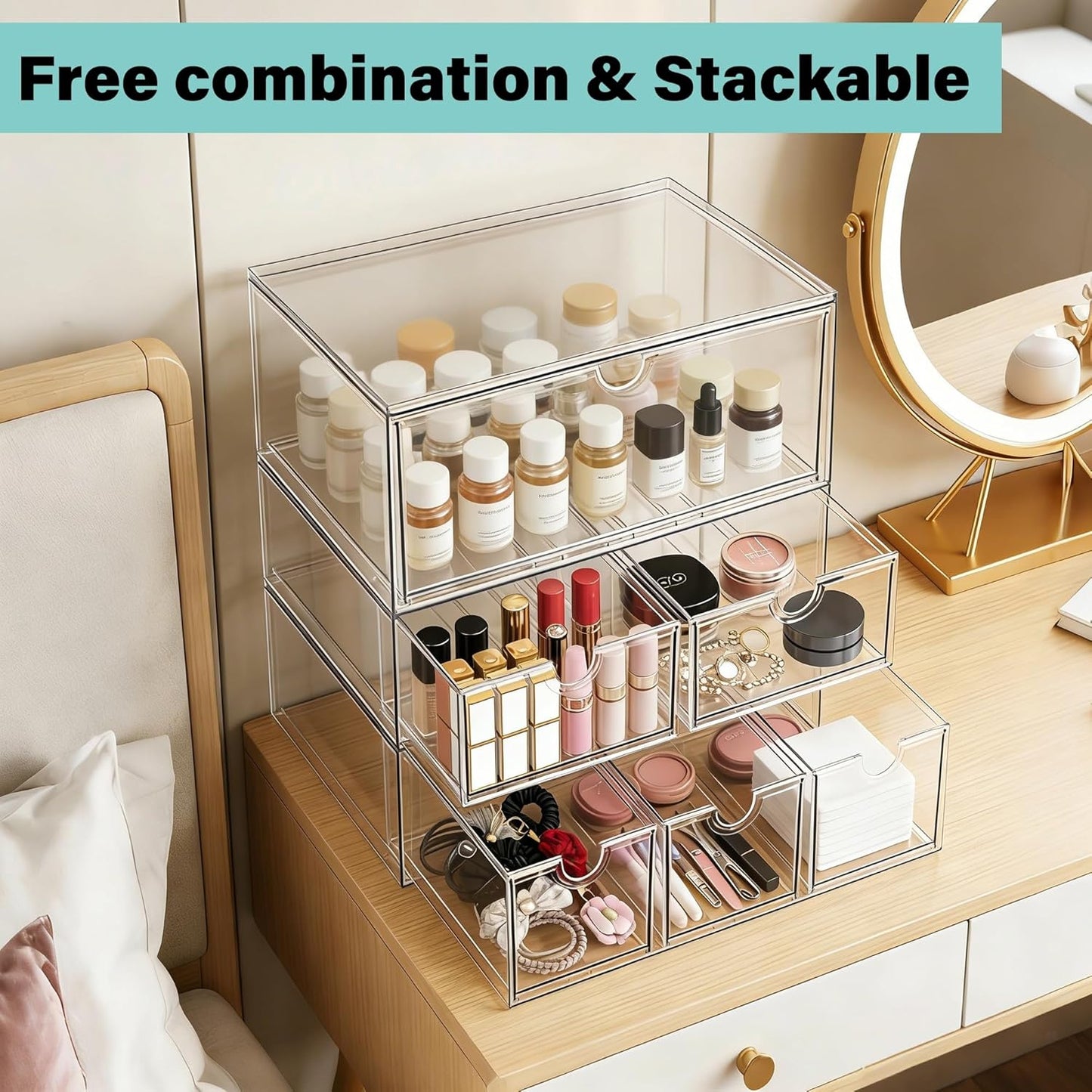 Prsildan Acrylic Drawer Makeup Organizer with 6 Drawers (Not for Baby Bottle), Set of 2 Office Desk Organizers Accessories, Clear Stackable Storage Drawers for Vanity, Craft (Largest Drawer 4" Tall)