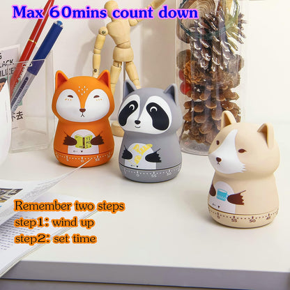 Mechanical Kitchen Timer - Cute Animal Wind Up 60 Minutes Manual Countdown Timer for Kids, Classroom, Home, Study and Cooking - Grey Raccoon