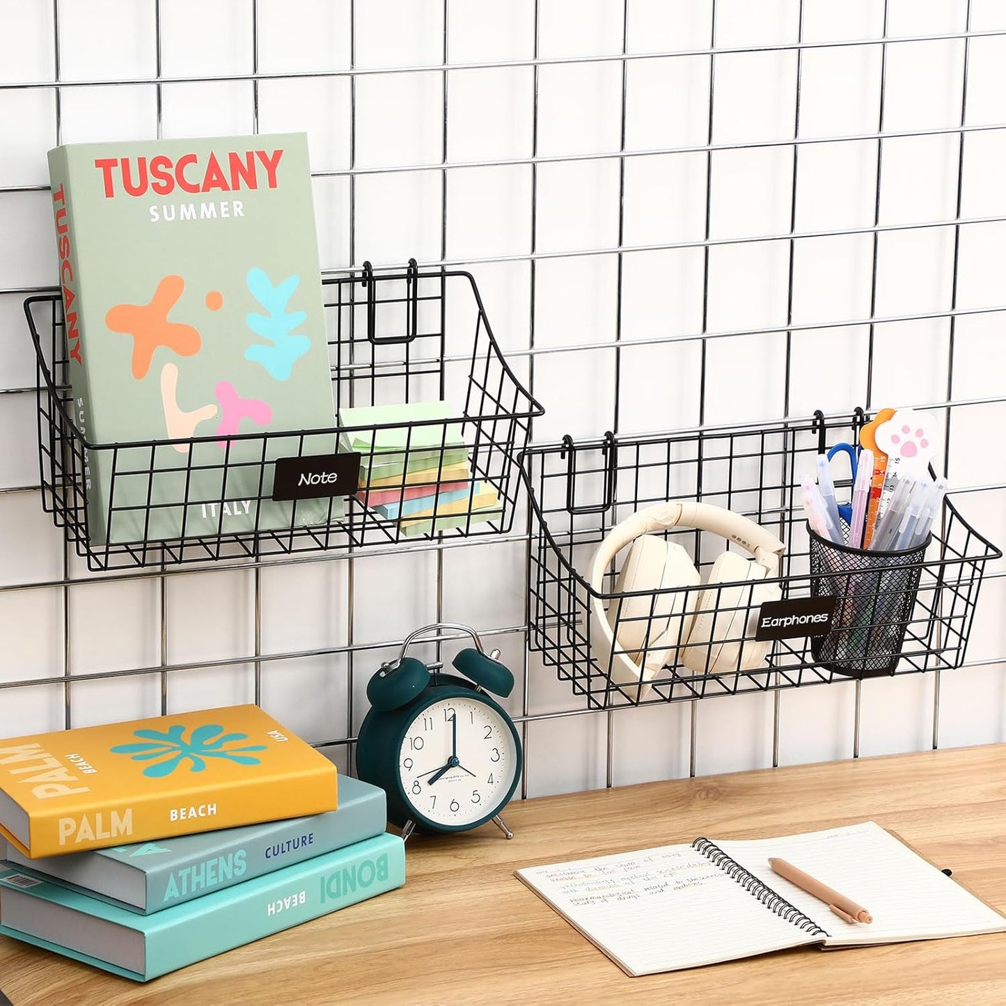4 Pack Black Grid Wall Baskets, 12 x 6 x 5.1 Inch Metal Wire Wall Basket with Hooks Label Hanging Basket Accessory for Vendor Trade Shows, Kitchen, Bathroom, Pantry Storage