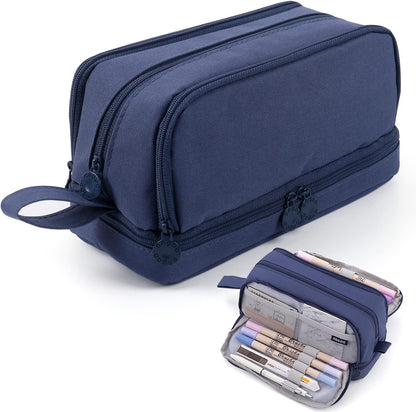 MAMUNU Large Capacity Pencil Case 4 Compartments, Pencil Pouch Bag with Zipper Portable Handle, Pen Case Bag Stationery Organizer for Office College School Adults Teen Girls Boys Men Women, Black