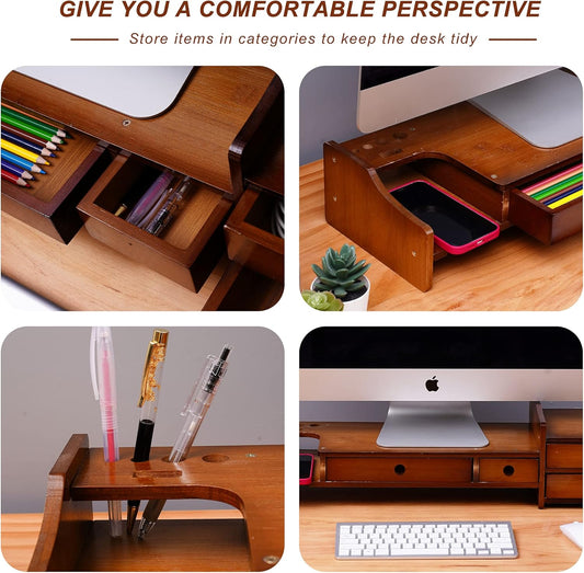 Sundale Outdoor WAYTRIM Bamboo Wood Monitor Stand Ergonomic Computer Riser with Storage Organizer Drawers Desktop Laptop Shelf Risers Cellphone Stand for Home and Office Use, Classic Antique Brown