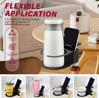 Desk Cup Holder for Coffee Mugs, Tumblers, Water Bottles with Mobile Phone Stand, Anti-Spill Metal School Home Office Accessories (White-1)