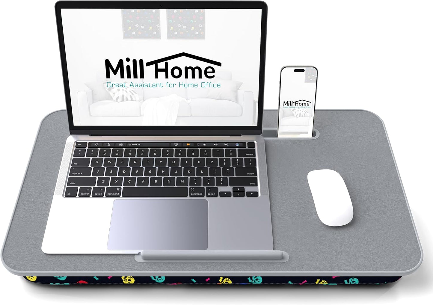 Lap Desk with Cushion, Fits up to 17 inch Laptop, Pillow Designed, Portable Laptop Stand with Tray, Pad & Phone Holder, Home Office for Bed/Couch/Car/Reading/Writing,MillHome (Black)
