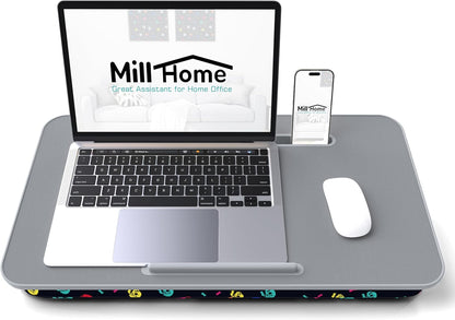 Lap Desk with Cushion, Fits up to 17 inch Laptop, Pillow Designed, Portable Laptop Stand with Tray, Pad & Phone Holder, Home Office for Bed/Couch/Car/Reading/Writing,MillHome (Black)