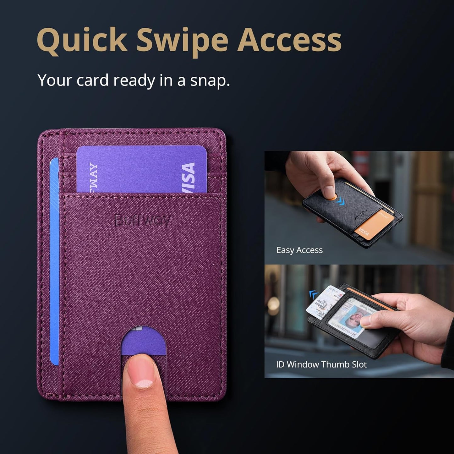 Buffway Slim Minimalist Front Pocket RFID Blocking Leather Wallets for Men and Women - Carbon Fiber Black - Colors B