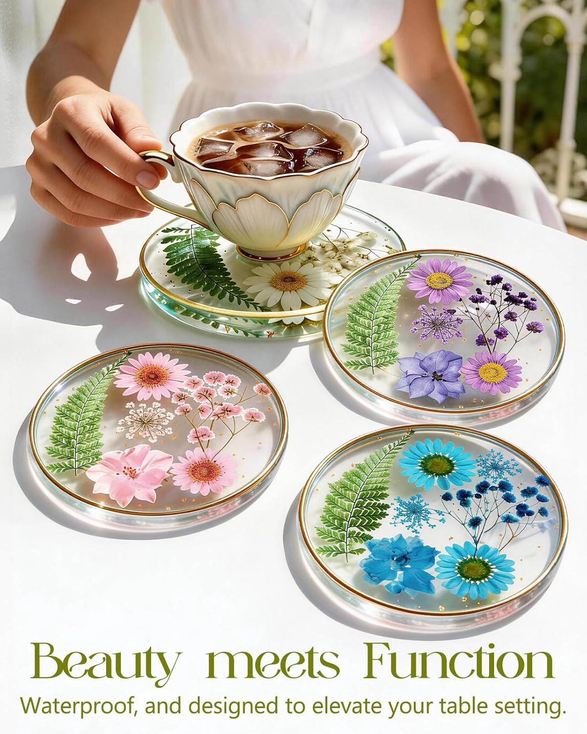 Oqplog Resin Drink Coaster for Desk Coffee Table-White Cute Dried Flowers Cup Coaster for Work Office Home Outdoor Decor Gifts for Girls Women,1 Pcs