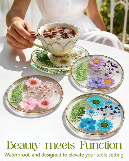 Oqplog Resin Drink Coaster for Desk Coffee Table-White Cute Dried Flowers Cup Coaster for Work Office Home Outdoor Decor Gifts for Girls Women,1 Pcs