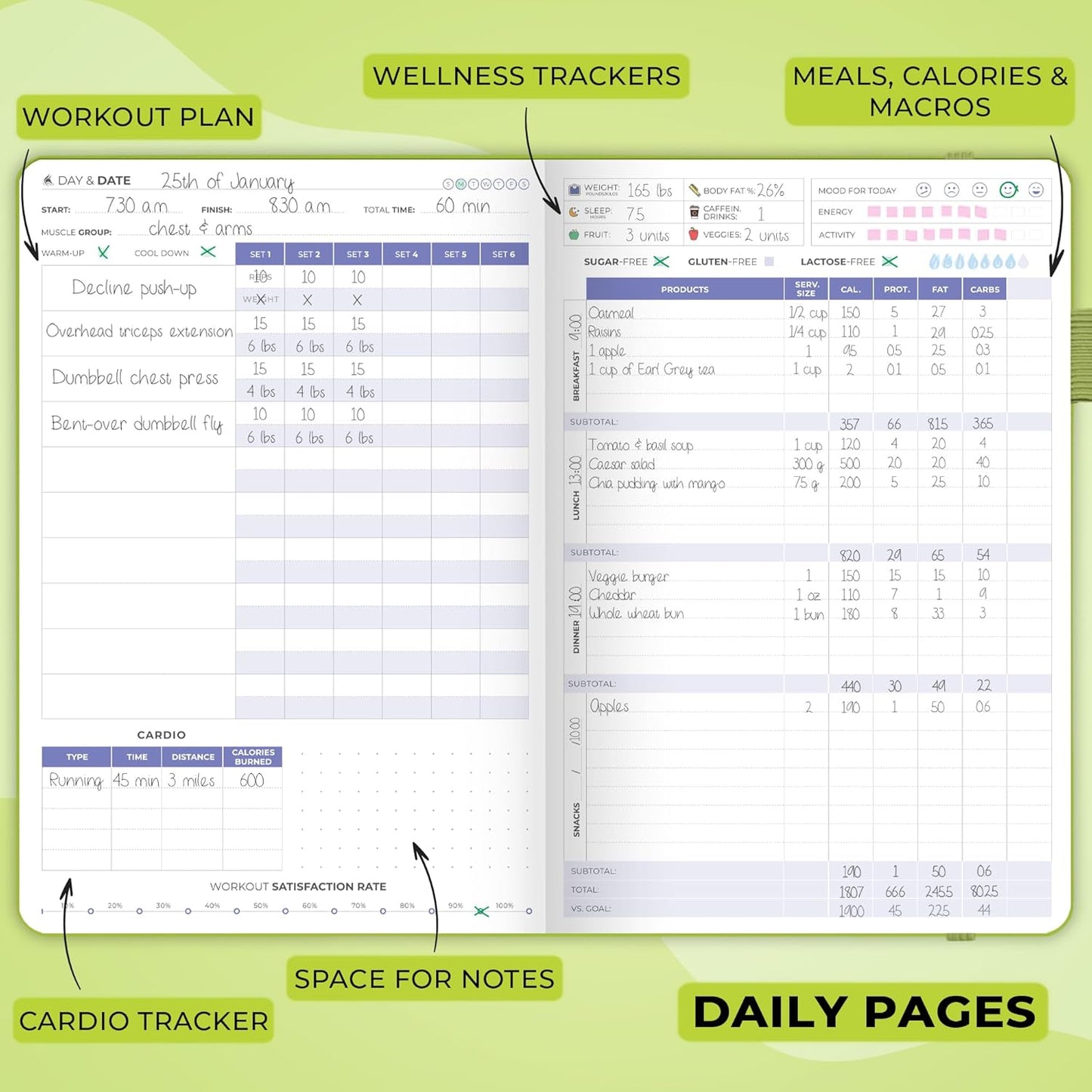 Clever Fox Fitness & Food Journal – Nutrition & Workout Planner for Women & Men – Diet & Gym Exercise Log Book with Calendars, Diet & Training Trackers - Undated, A5 Size, Hardcover (Forest Green)