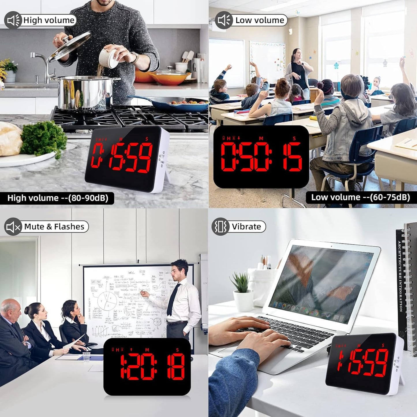 PERSUPER Kitchen Digital Timer, Count Down Up, Rechargeable, Vibration Mode Adjustable Volume and Brightness LED Display, Time Management Cook, Desk, Kids Adults Study Teaching, Kitchen Gadgets RGB