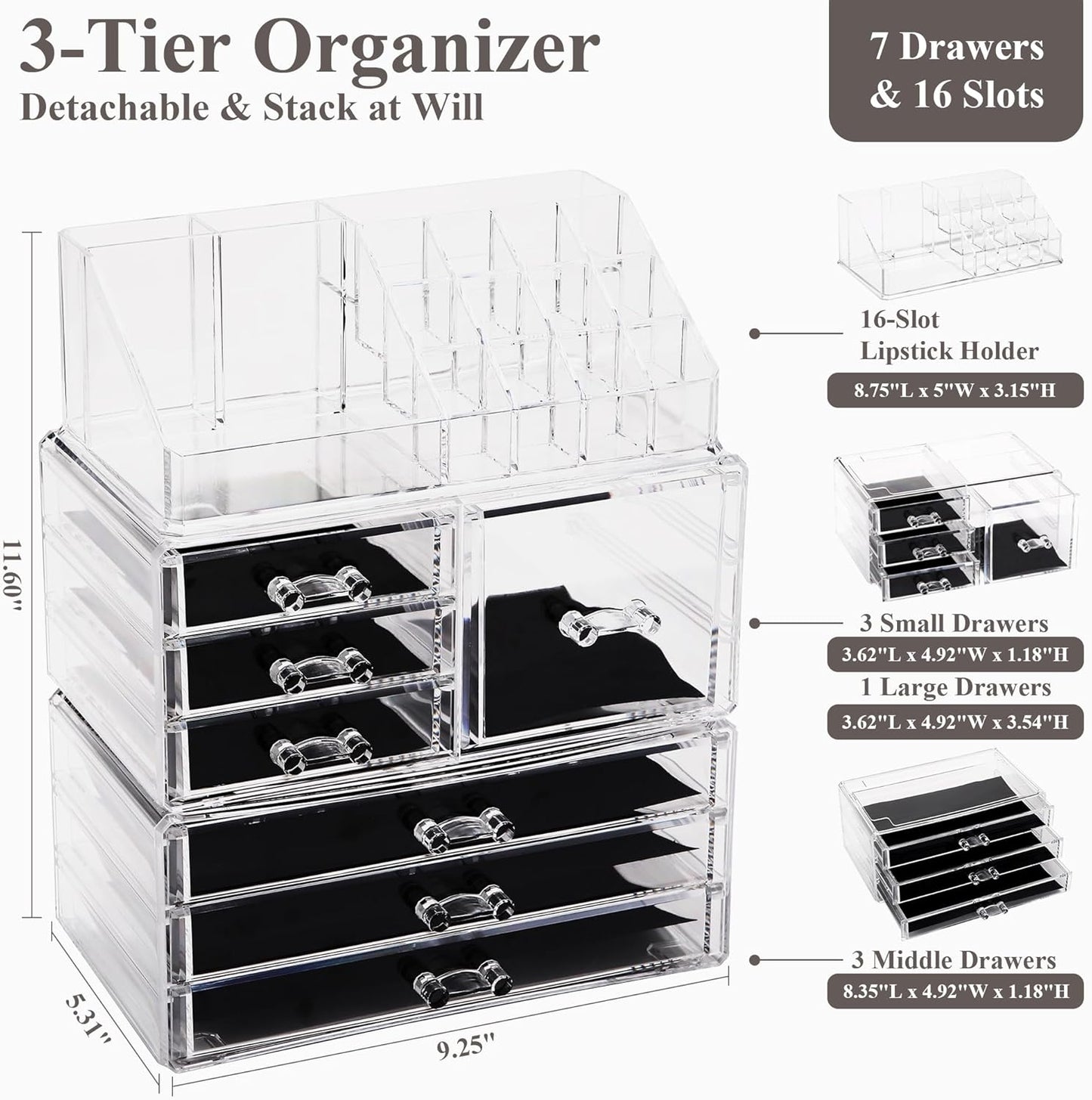 Sea Team Clear Makeup Organizer with Drawers, Acrylic Plastic Cosmetic Display Case, Jewelry Storage Box, Holder for Dresser, Bathroom, Vanity, Countertop (3 Middle Drawers)