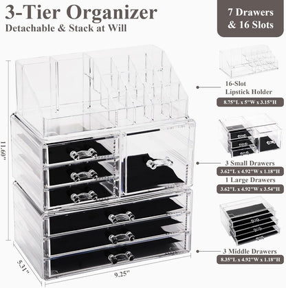Sea Team Clear Makeup Organizer with Drawers, Acrylic Plastic Cosmetic Display Case, Jewelry Storage Box, Holder for Dresser, Bathroom, Vanity, Countertop (3 Middle Drawers)