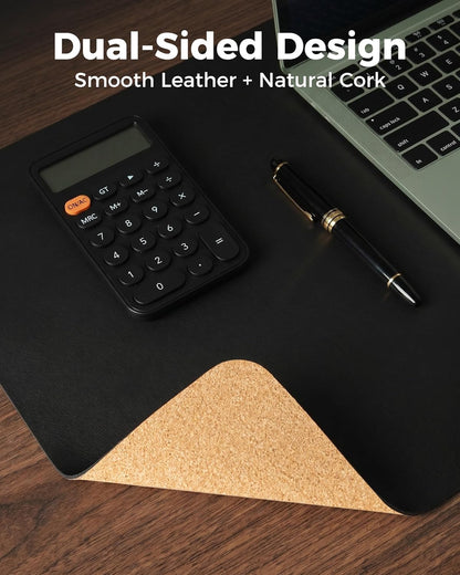 Aothia Dual-Sided Desk Pad - 25.6x13.7 inches Leather Desk Mat, Natural Cork Desk Pad Protector, Large Mouse Pad for Desk, Waterproof Desk Blotter Pad, Desk Writing Pad for Office Work/Home, Black