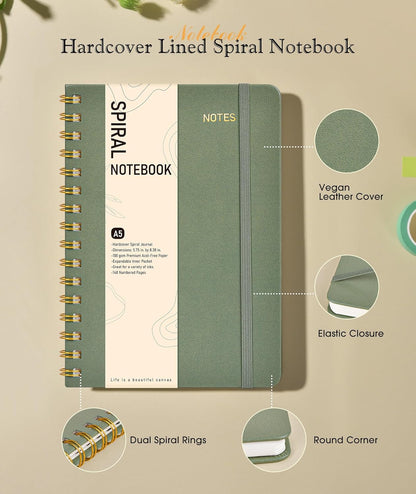 Graph Spiral Journal Notebook, A5 Hardcover Spiral Journals for Women Men, 100 GSM Graph Paper Notebooks, 150 Pages Spiral Bound Grid Notebook for Writing Note Taking Work 5.75" x 8.38" Olive Green